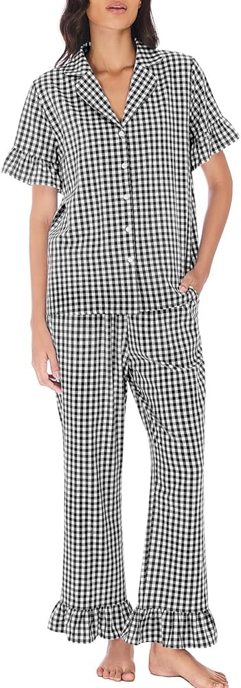Kissonic Women Plaid Pajamas Sets 2 Piece Cotton Button Down Short Sleeve Shirt Ruffle Pants Ging... | Amazon (US)