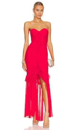 Giules Gown in Cherry Red Gown Holiday Family Photos Red Strapless Dress Strapless Gown  | Revolve Clothing (Global)
