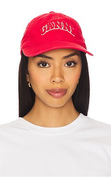 Ganni Washed Cotton Canvas Embroidered Cap in Fiery Red from Revolve.com | Revolve Clothing (Global)