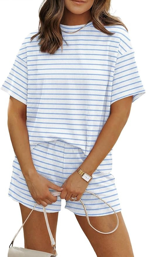 MARZXIN Women 2 Piece Shorts Set 2026 Casual Summer Cruise Outfits Ribbed Loose Short Sleeve Pock... | Amazon (US)