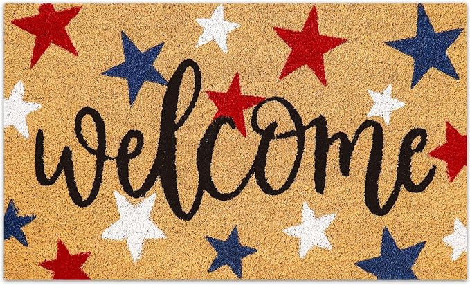 Whaline Patriotic Natural Coir Door Mat 4th of July Red Blue White Star Welcome Doormat Non-Slip ... | Amazon (US)