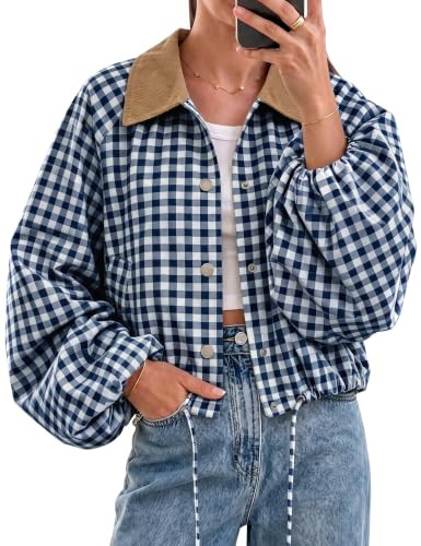 Women's Cropped Jacket Gingham Plaid Corduroy Collar Bomber Jacket | Amazon (US)