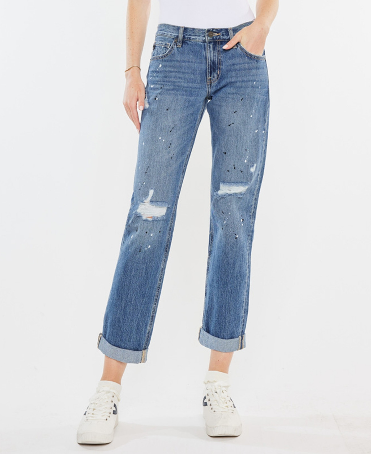 Kancan Women's Paint Effect Mid Rise Boyfriend Jeans - Blue | Macy's