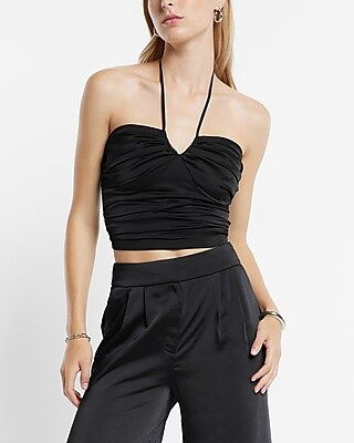 Satin Ruched Halter Neck Cropped Tank | Express