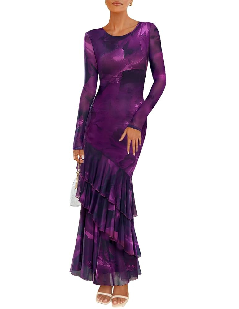 ZESICA Women's Long Sleeve Floral Bodycon Dresses 2025 Fall Fashion Mesh Ruffle Mermaid Wedding G... | Amazon (US)