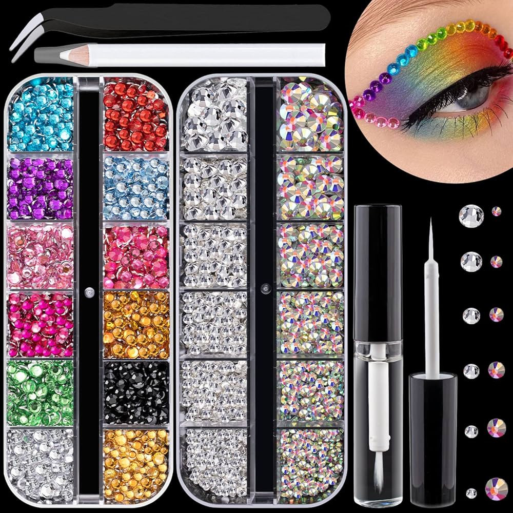 Flat Back Rhinestone Kits Colorful Rhinestones+Crystal AB&Transparent White Face Gems Nail Gem wi... | Amazon (US)