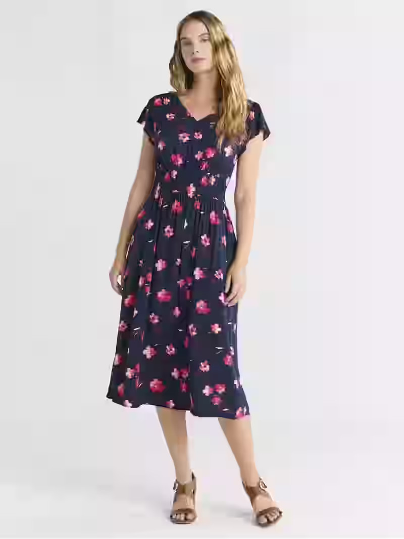 Time and Tru Women's and Women's Plus Smocked Waist Midi Dress, Sizes XS-4X | Walmart (US)