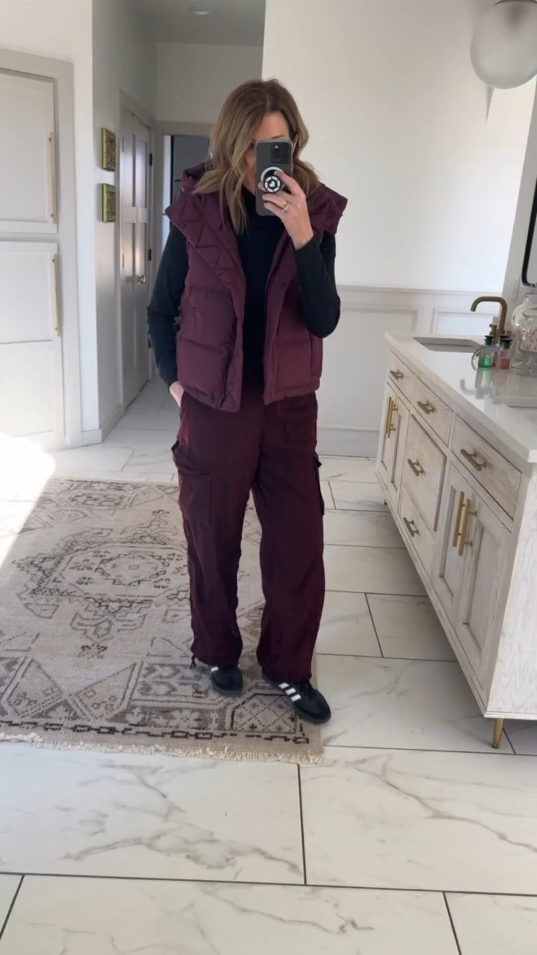 Mid-rise cargo pant in garnet. I'm wearing a size small (tts). Vest size 6 

#LTKSaleAlert #LTKActive #LTKStyleTip