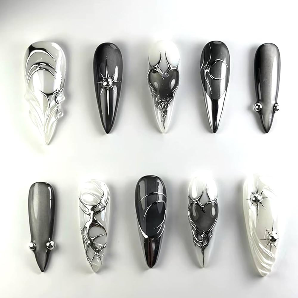 24Pcs Black Press on Nails Medium Length Almond Fake Nails Sparkling Star Gothic Dark Black Style... | Amazon (US)