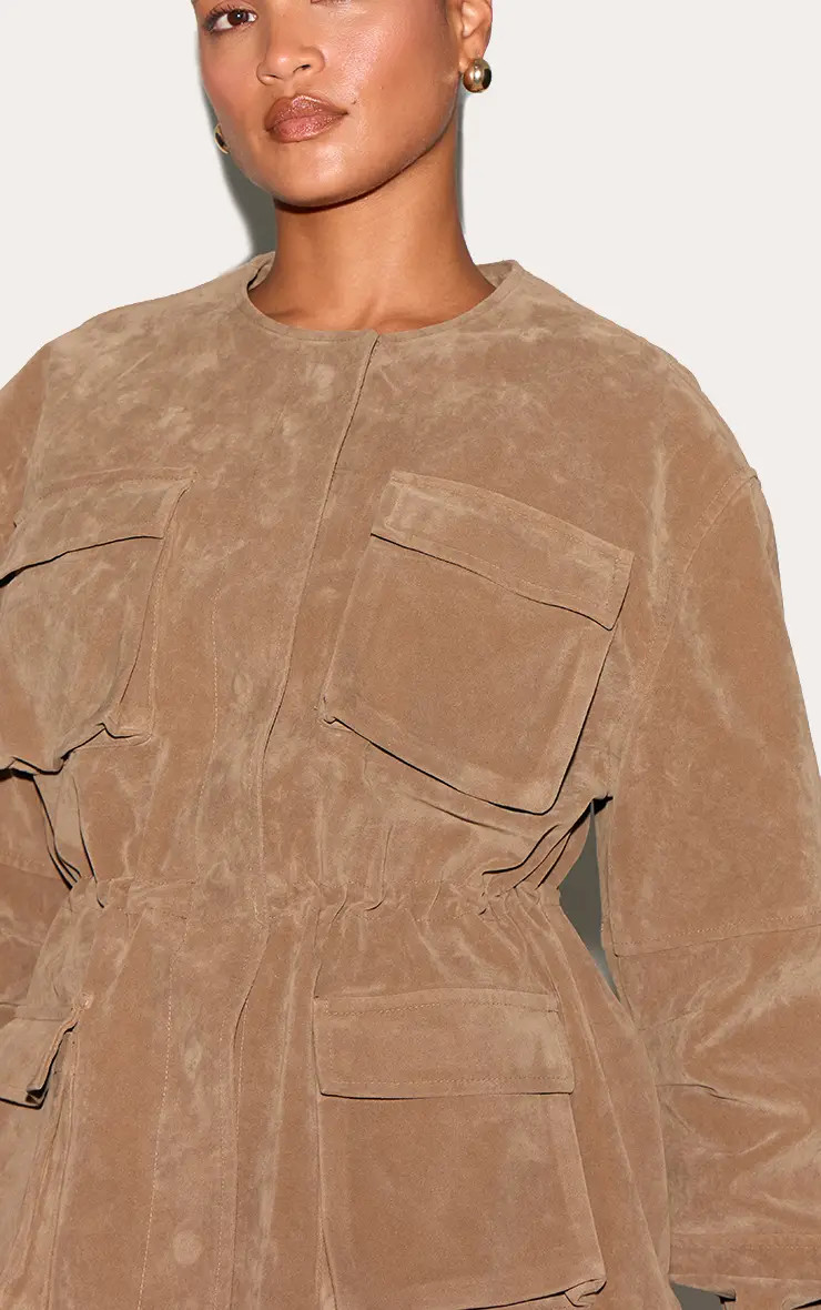 Mushroom Structured Faux Suede Pocket Detail Adjustable Waist Jacket | PrettyLittleThing US