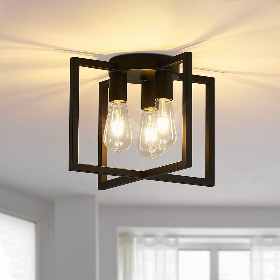 3-Light Ceiling Light Fixture, Black Semi-Flush Mount Chandelier with Geometric Metal Shade, Farm... | Amazon (US)