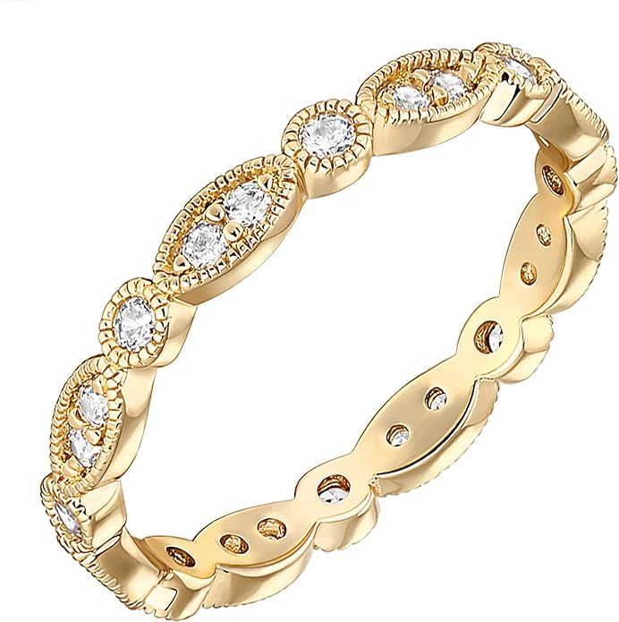 PAVOI 14K Gold Plated Cubic Zirconia Band | Round Milgrain Eternity Bands | Gold Rings for Women | Amazon (US)