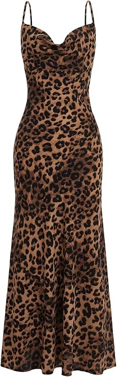 Floerns Women's Leopard Print Draped Collar Spaghetti Strap Cami Long Dress | Amazon (US)