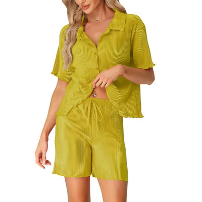 cheibear Women's Pleated Short Sleeve Button Down Outfits Set Casual Loungewear Green X-Small | Target