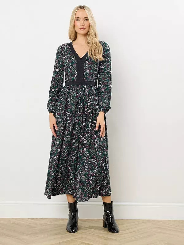 Long Tall Sally Ditsy Floral Lace Midi Dress - Black | Very (UK)