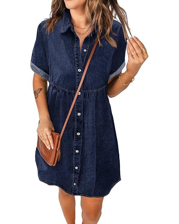luvamia Women's Casual Short Sleeve Button Down Tiered Denim Babydoll Jean Dress | Amazon (US)