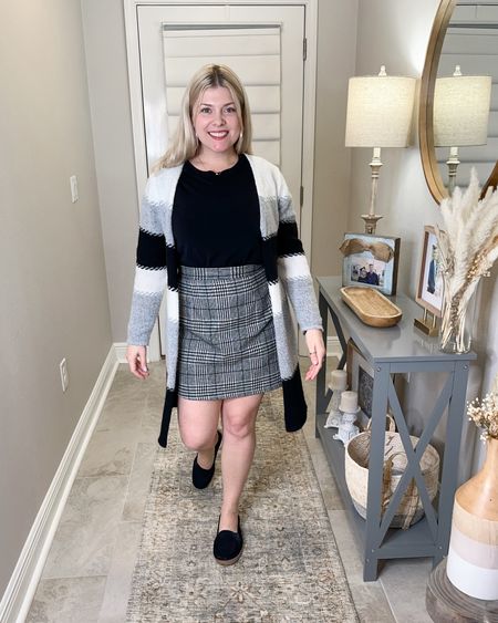 A super simple work-from-home look: black bodysuit, wool plaid miniskirt, black flats and a warm knit cardigan. 

Perfect for days with cooler weather. 

Add gold jewelry to dress it up! 

#LTKworkwear #LTKSeasonal #LTKstyletip