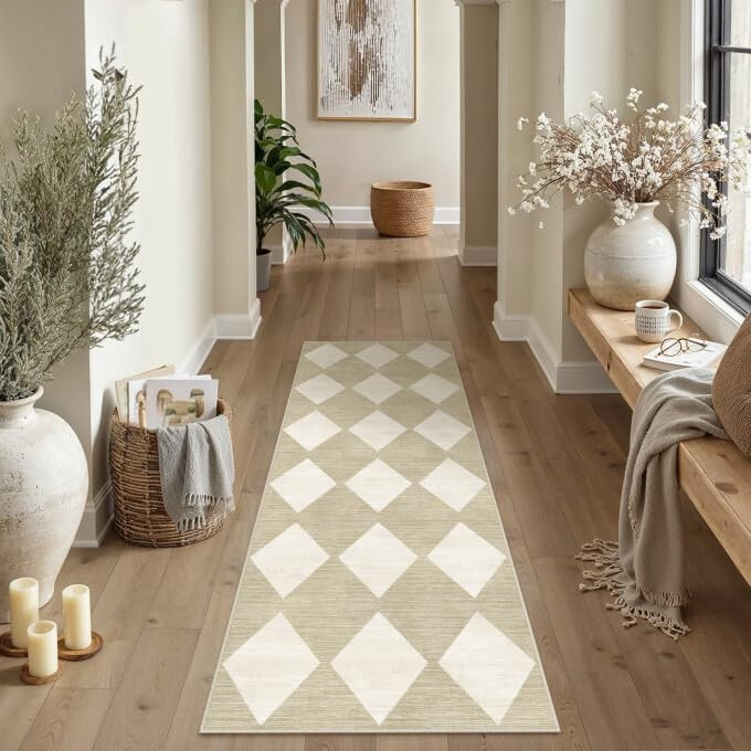 PureCozy Checkered 2x6 Runner Rug for Hallways Beige Washable Long Carpet Non-Slip Low Pile Moder... | Amazon (US)