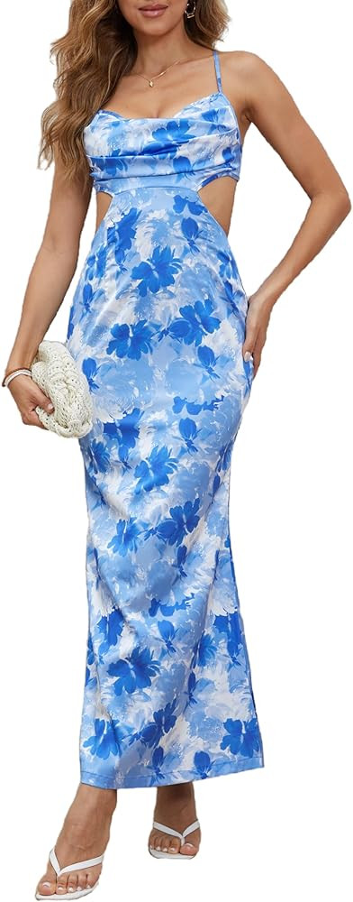 Milumia Women's Floral Cut Out Backless Dress Ruched Sleeveless Long Cocktail Party Dresses | Amazon (US)