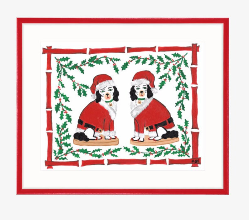 Santa Paws: Staffordshire Dogs in Mistletoe Border Festive Holiday Art Print! Tinsel & Chestnut H... | Etsy (US)