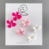 Floral Studs Sets, Multi Color Pack, Three Piece Floral Studs, Fuchsia Pink Flower White Earrings Se | Etsy (US)