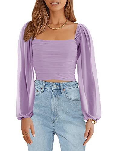 Wenrine Womens Mesh Long Sleeve Crop Tops Night Going Out Square Neck Off The Shoulder Ruched Shirt Blouses Dressy Casual Light Purple | Amazon (US)