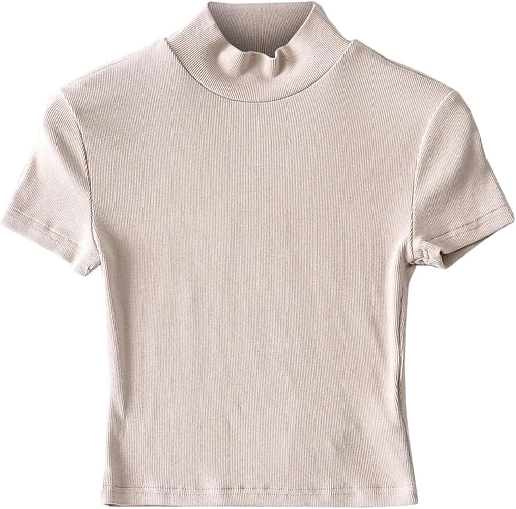 Women's Slim Fit T-Shirt Tight Cotton Short Sleeve High Neck Solid Color Cropped Top | Amazon (US)