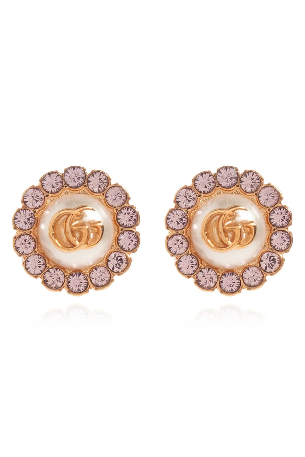 Gucci Logo Plaque Pearl Embellished Stud Earrings | Cettire Global