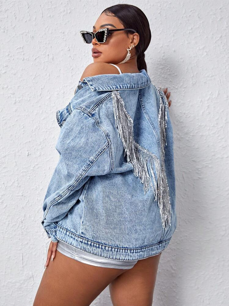 SHEIN SXY Plus Fringe Trim Denim Jacket | SHEIN