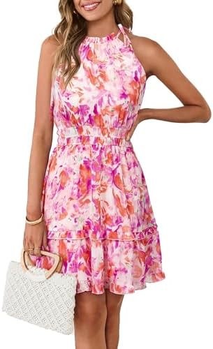 Simplee Womens Floral Summer Halter Dress A Line Sleeveless Emipre Waist Tiered Mini Boho Sundres... | Amazon (US)
