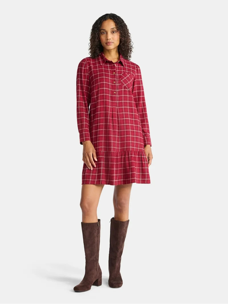 Time and Tru Women's Plaid Mini Dress with Long Sleeves, Sizes XS-XXXL | Walmart (US)