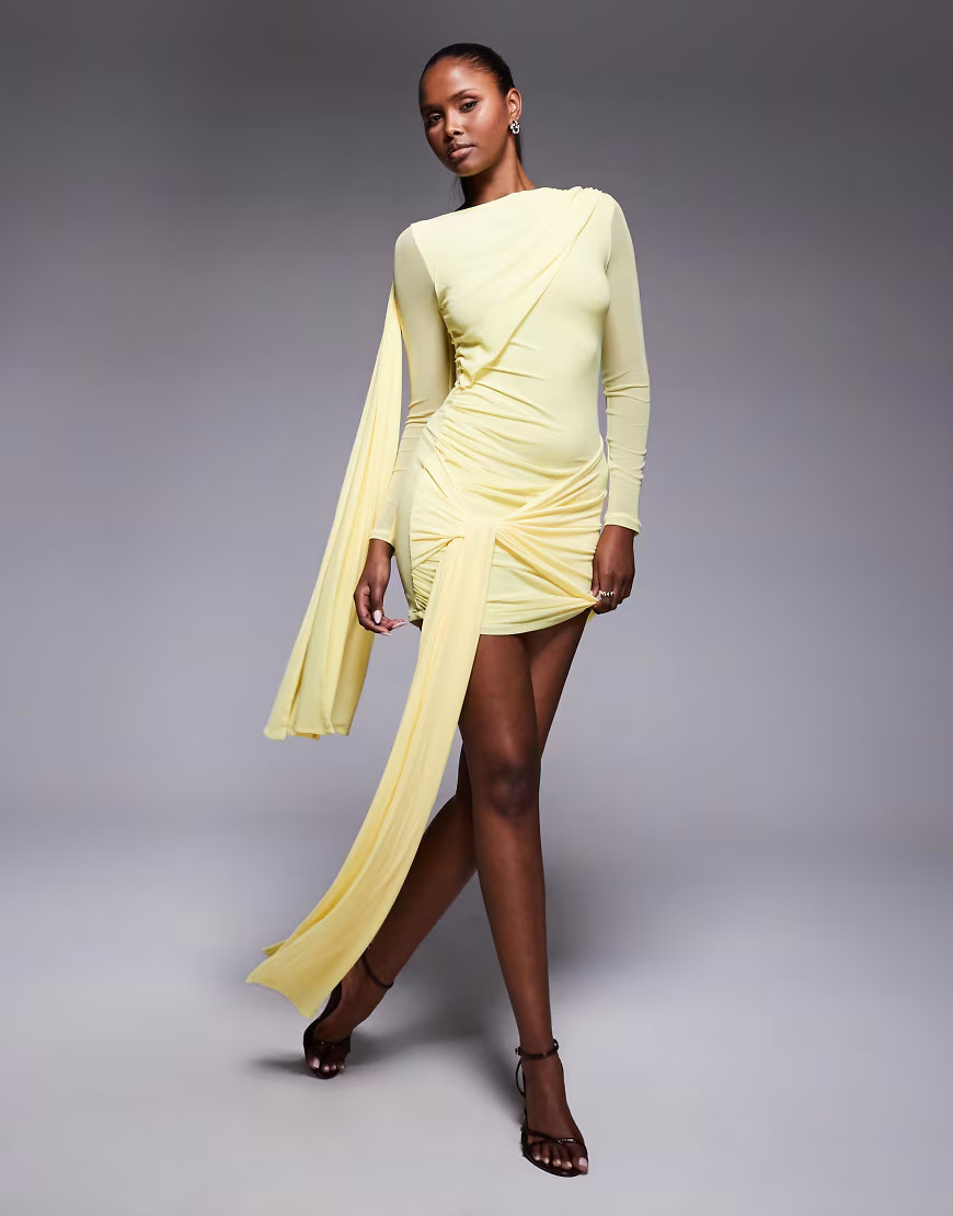 ASOS DESIGN mesh tie shoulder mini dress with knot drape detail in pastel yellow | ASOS (Global)
