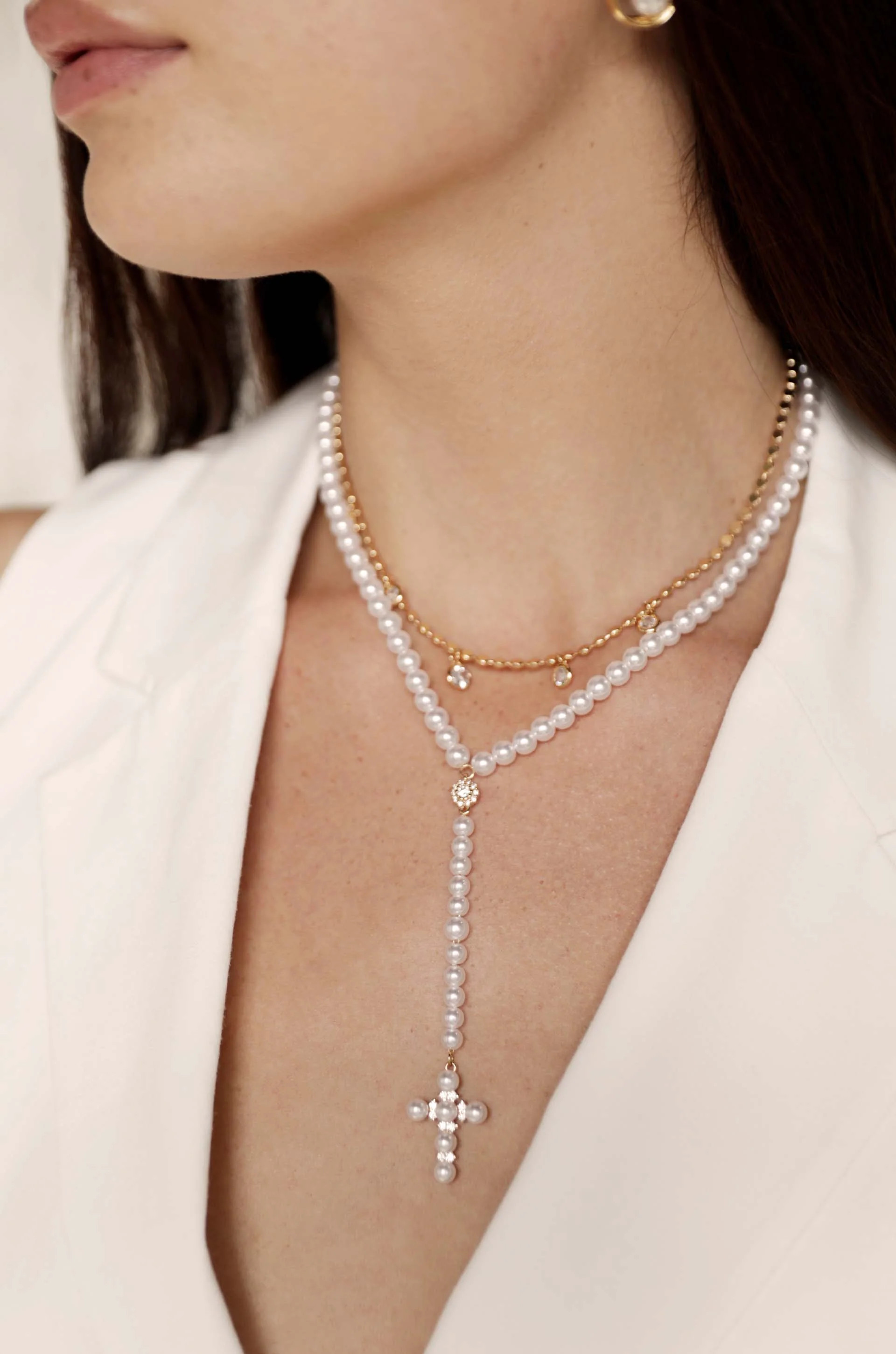 Pearl Cross Drop Lariat 18k Gold Plated Necklace Set | Ettika