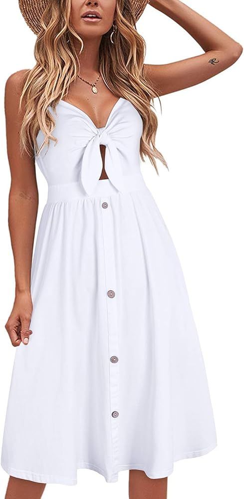 Womens Summer Floral Sundress V Neck Tie Front Spaghetti Strap Dresses with Pockets | Amazon (US)