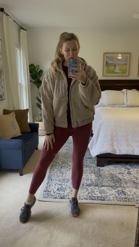 Black Friday athleisure outfit/ This cozy sherpa hooded jacket is 50% off!! It fits true to size — I got my normal size and there’s room to fit a sweater underneath! Comes in blue and black too

This color of the lululemon fast and free leggings are sold out but the same style is available  & on sale in many colors

#LTKsalealert #LTKCyberWeek #LTKSeasonal