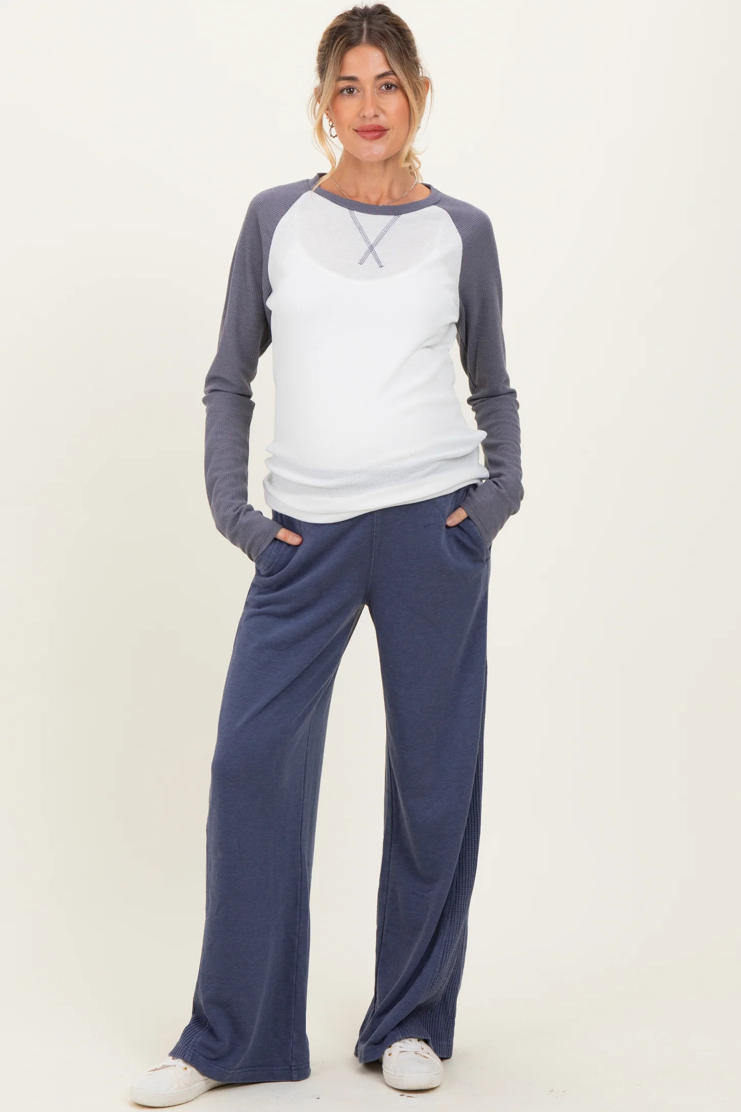 Light Navy Mineral Wash Waffle Knit Contrast Maternity Lounge Pants | PinkBlush Maternity