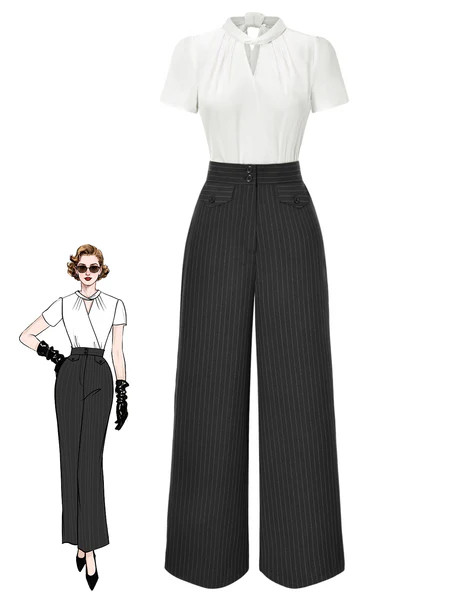 2PCS 1930s White Satin Blouse & Gray Pinstripes Pants | Retro Stage