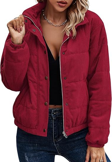 Angashion Women's Bomber Jacket Corduroy Ribbed Quilted Zip Up Long Sleeve Winter Coat Fall Outer... | Amazon (US)