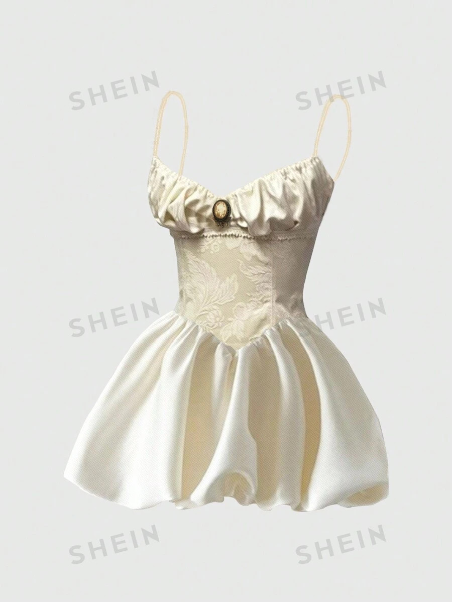 ROMWE Fairycore Vintage Victorian Style Solid Color Women's Cami Dress With Chest Ruffles, School | SHEIN