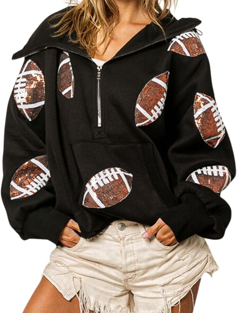 Xunger Women's Football Sequin Hoodie Half Zip Long Sleeve Rugby Patches Game Day Hooded Sweatshi... | Amazon (US)