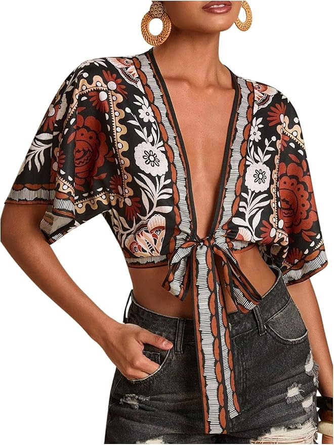 MakeMeChic Women's Floral V Neck Tie Front Blouse Dolman Sleeve Boho Crop Tops | Amazon (US)