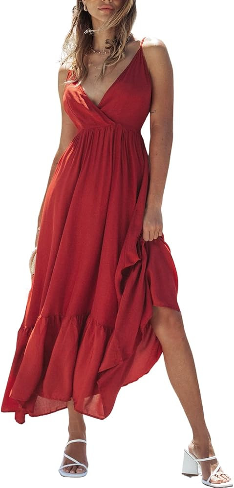 CUPSHE Women's Solid Backless Cami Maxi Dress Tiered Hem Spaghetti Straps A Line Dress | Amazon (US)