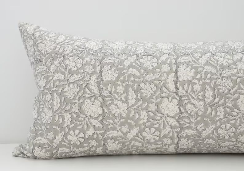ANJU || 14x36 Gray Floral Long Lumbar Pillow Cover Oversized Floral Lumbar Gray Floral Bed Pillow... | Etsy (US)
