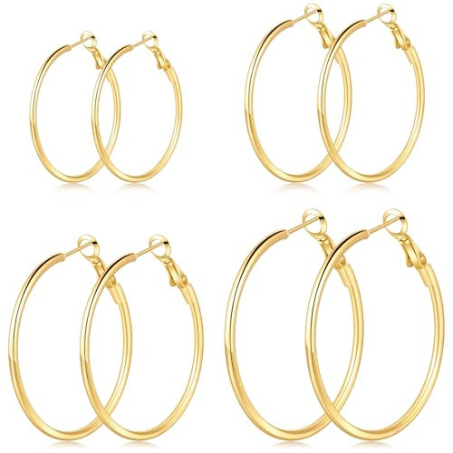 4/6 Pairs Gold Silver Hoop Earrings for Women 14K Gold Plated Hypoallergenic 2mm Thin Hoops Stainless Steel Lightweight Dangle Set 30/40/50/60mm | Amazon (US)
