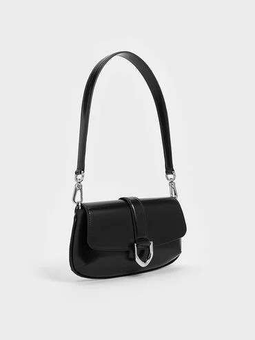 Noir Gabine Leather Elongated Shoulder Bag | CHARLES & KEITH UK | Charles & Keith UK