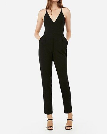 deep v-neck cross back cami jumpsuit | Express