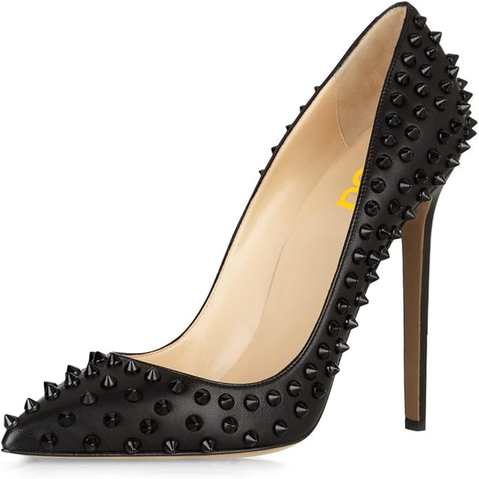 FSJ Women Studded Rivets Stiletto High Heel Pumps Classic Closed Pointed Toe Slip On Basic Spikes... | Amazon (US)