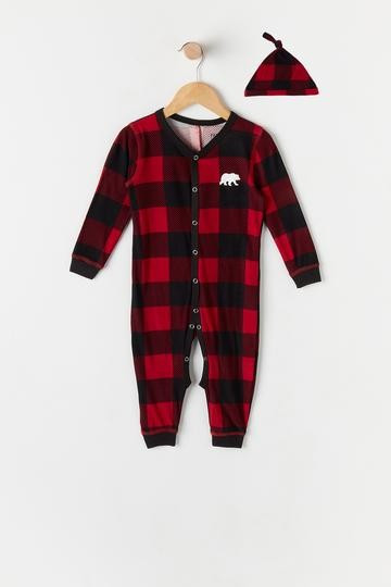 Baby Fammy Jammies 2-Piece Plaid Bear Cheeks Graphic Onesie and Bonnet Set | Urban Planet