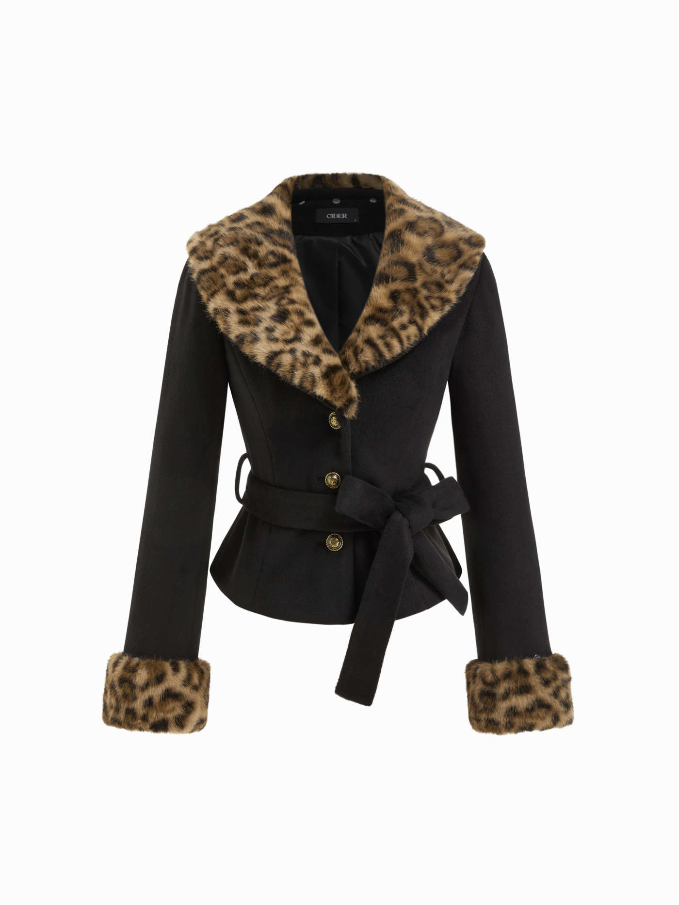 Wool-Look Faux Leopard Fur Trim Collar Cinched Waist Jacket With Belt | Cider