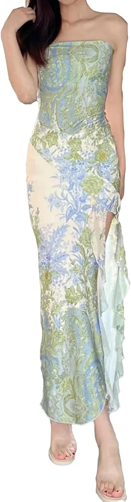 Women Irregular Design Tube Top Plant Printed Fashion Midi Dress Tube Top Dress | Amazon (US)